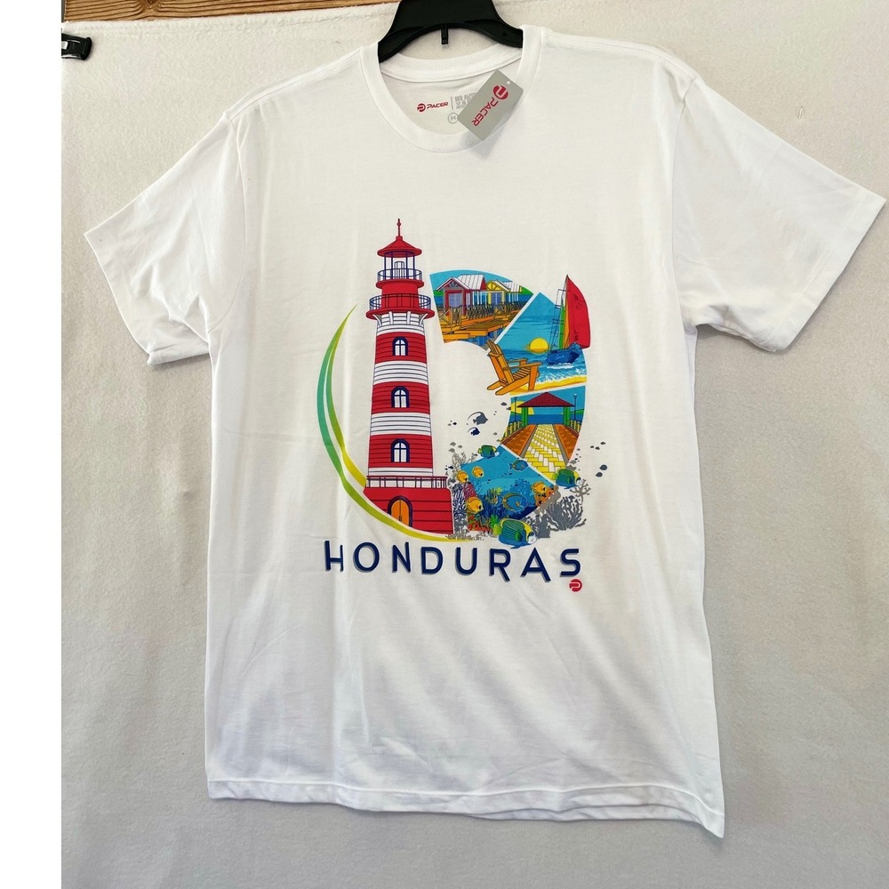 Pacer Graphic T-Shirt ‎ Medium White Honduras Lighthouse Tropical Souvenir